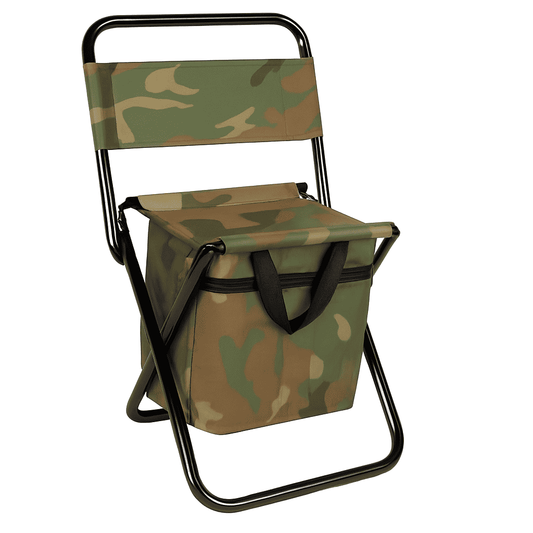 Camouflage foldable camping chair with cooler bag and black carrying handle