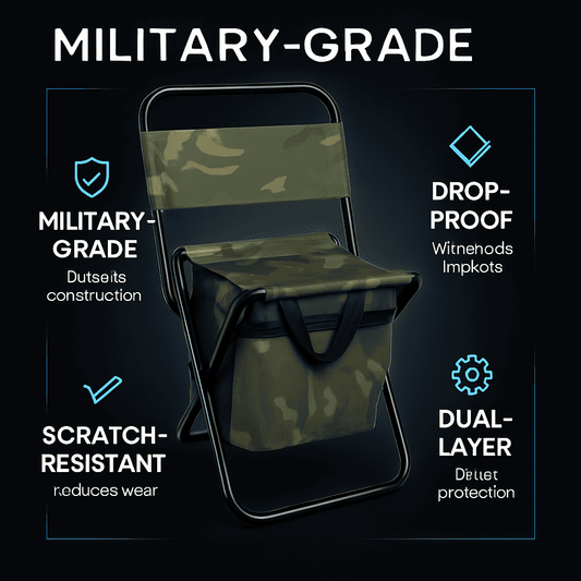 Camouflage foldable camping chair with cooler bag, black frame and shoulder strap