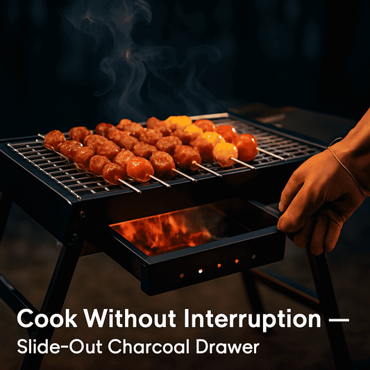 Charcoal grill with cooking grate, front slide-out drawer open with flames