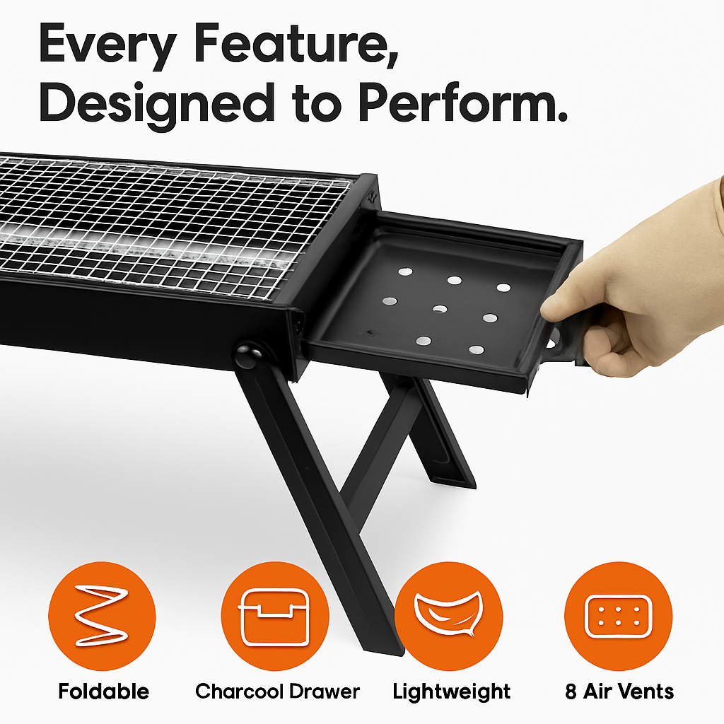 Foldable Charcoal BBQ Grill with Shelf for Camping
