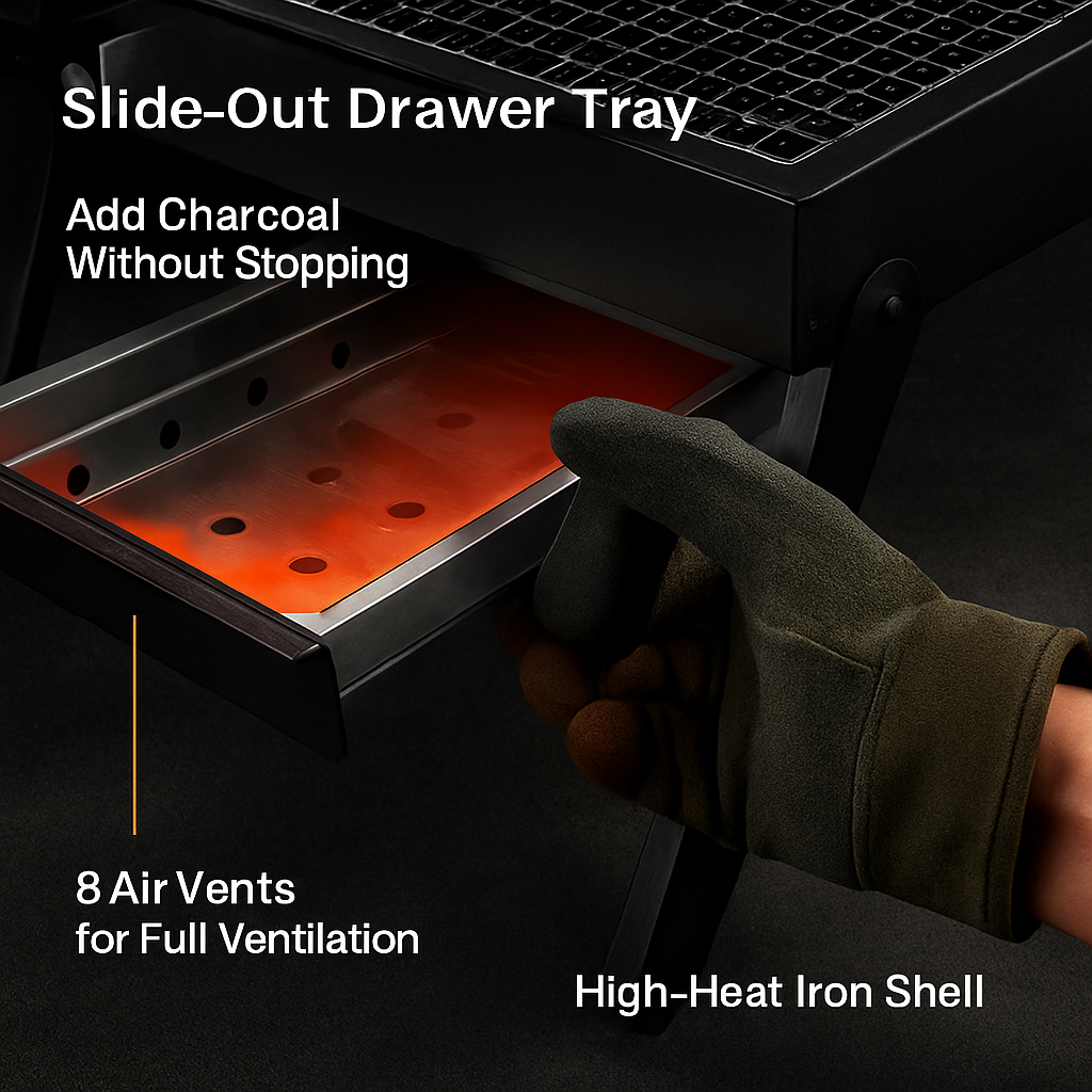 Foldable Charcoal BBQ Grill with Shelf for Camping