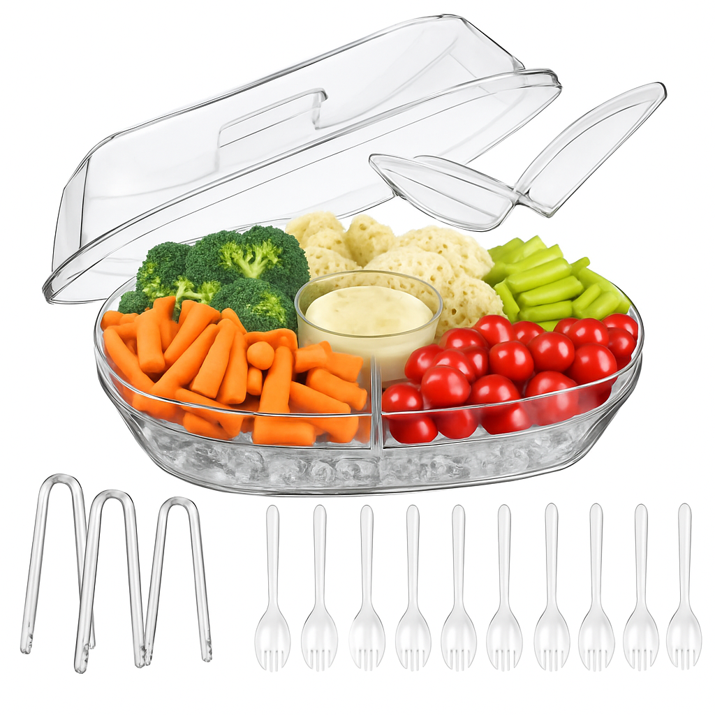 Fruit Ice Serving Tray with 4 Compartments – Lid, Tongs & Sporks Included