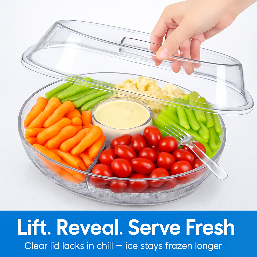 Fruit Ice Serving Tray with 4 Compartments – Lid, Tongs & Sporks Included
