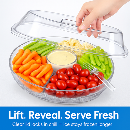 Fruit Ice Serving Tray with 4 Compartments – Lid, Tongs & Sporks Included