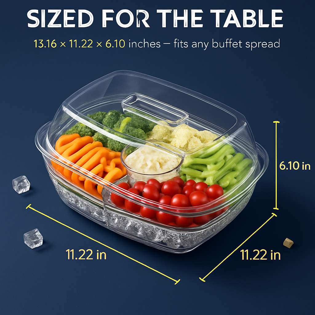 Fruit Ice Serving Tray with 4 Compartments – Lid, Tongs & Sporks Included