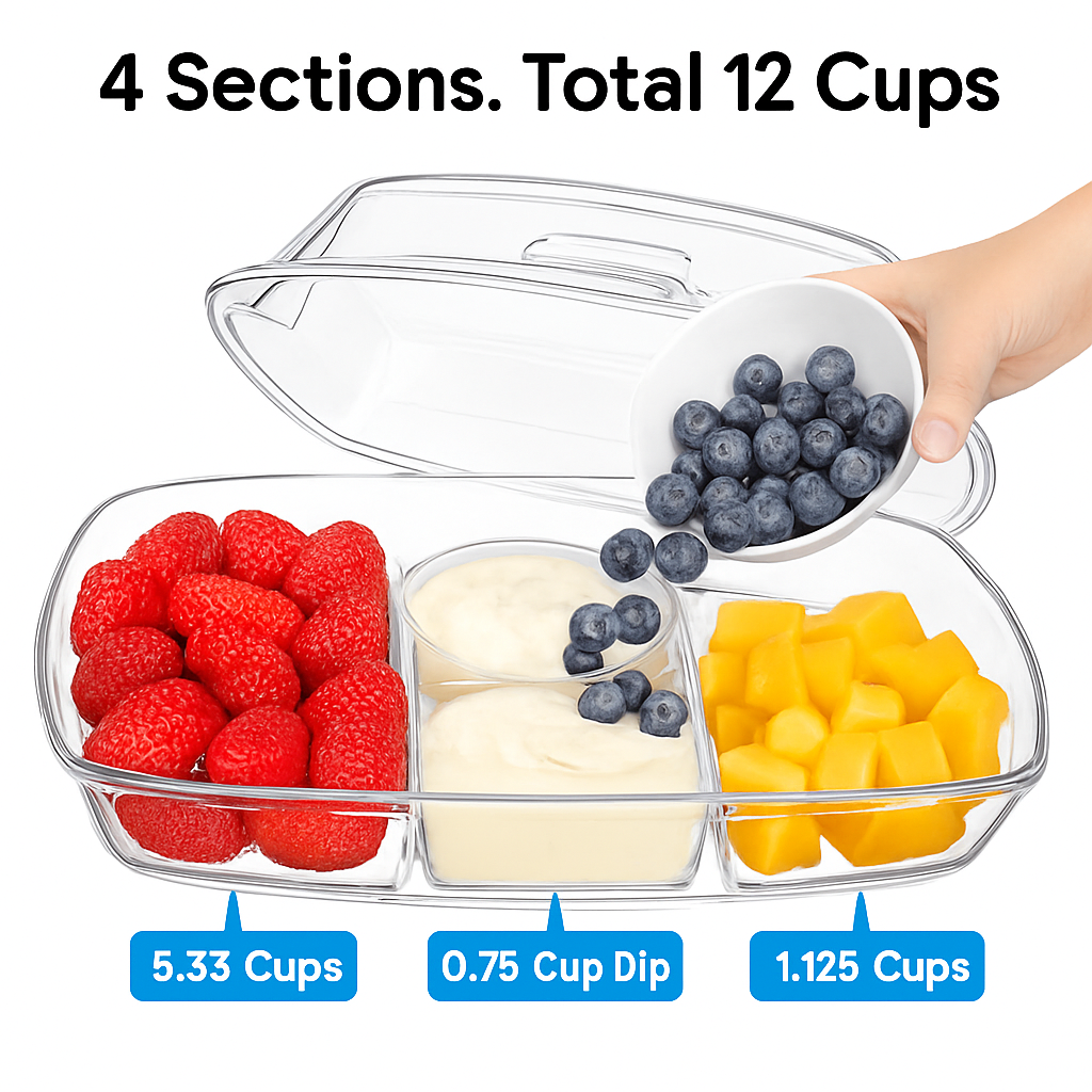 Fruit Ice Serving Tray with 4 Compartments – Lid, Tongs & Sporks Included
