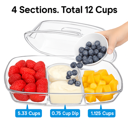 Fruit Ice Serving Tray with 4 Compartments – Lid, Tongs & Sporks Included