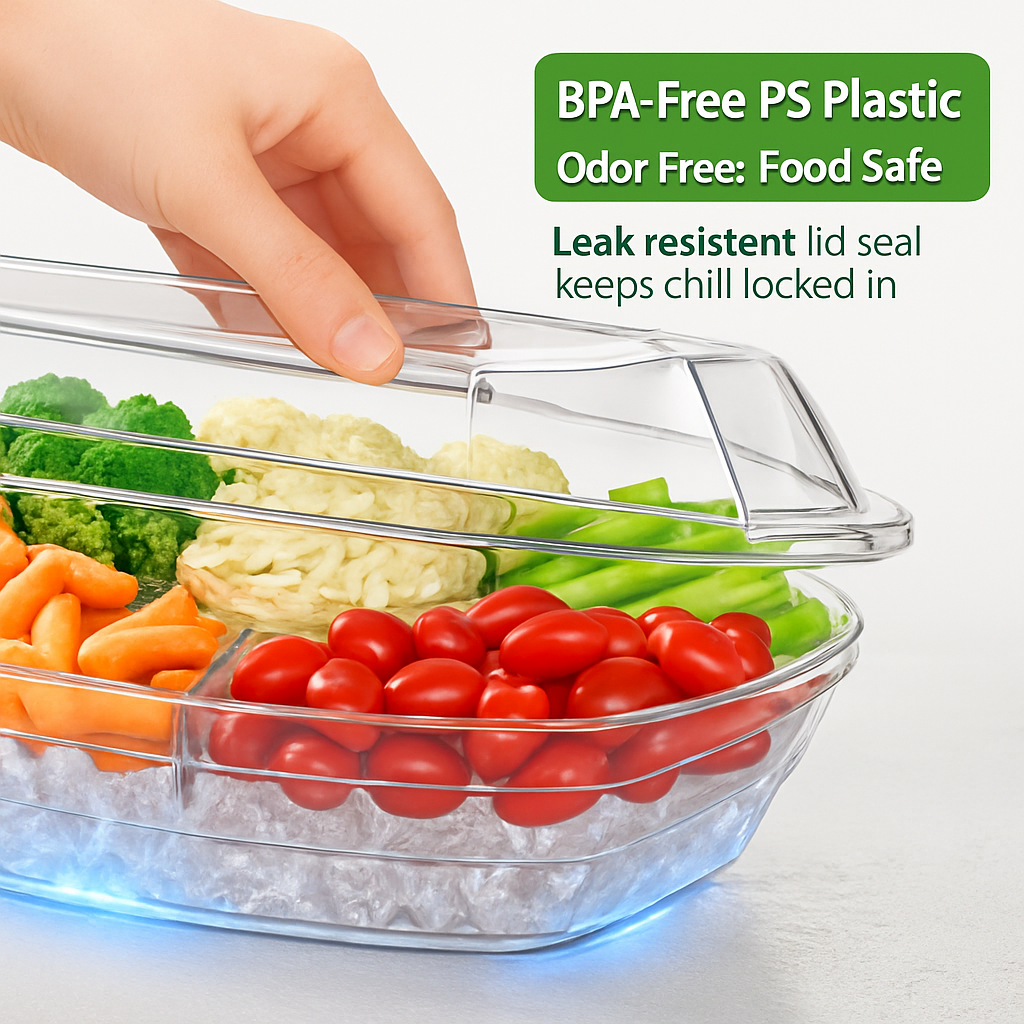 Fruit Ice Serving Tray with 4 Compartments – Lid, Tongs & Sporks Included