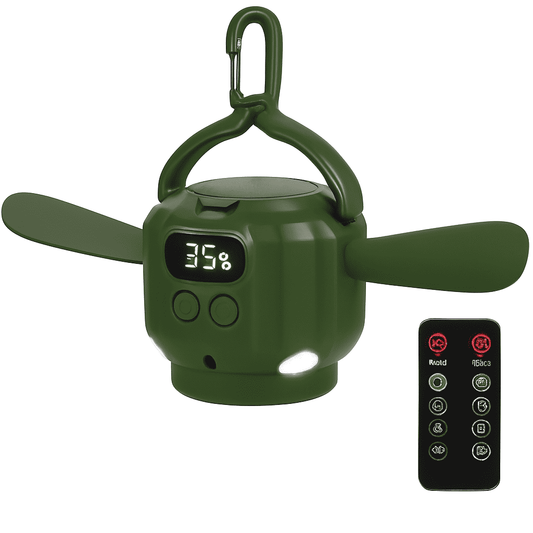 Olive portable LED camping ceiling fan with hanging handle, 3-blade design, built-in display