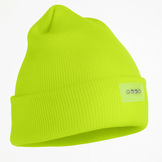Neon green LED headlamp beanie with 5-LED module on the front cuff