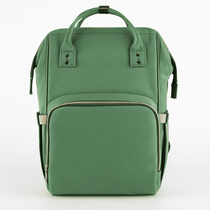 Green diaper bag backpack with top handle, front zip pocket, and side bottle holders