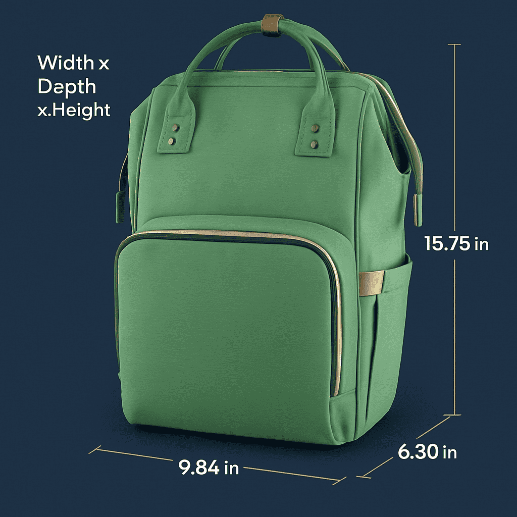 Green diaper bag backpack with front zip pocket, side tabs, and adjustable straps