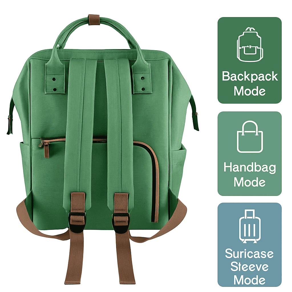 Green diaper bag backpack back view with adjustable straps and top handle