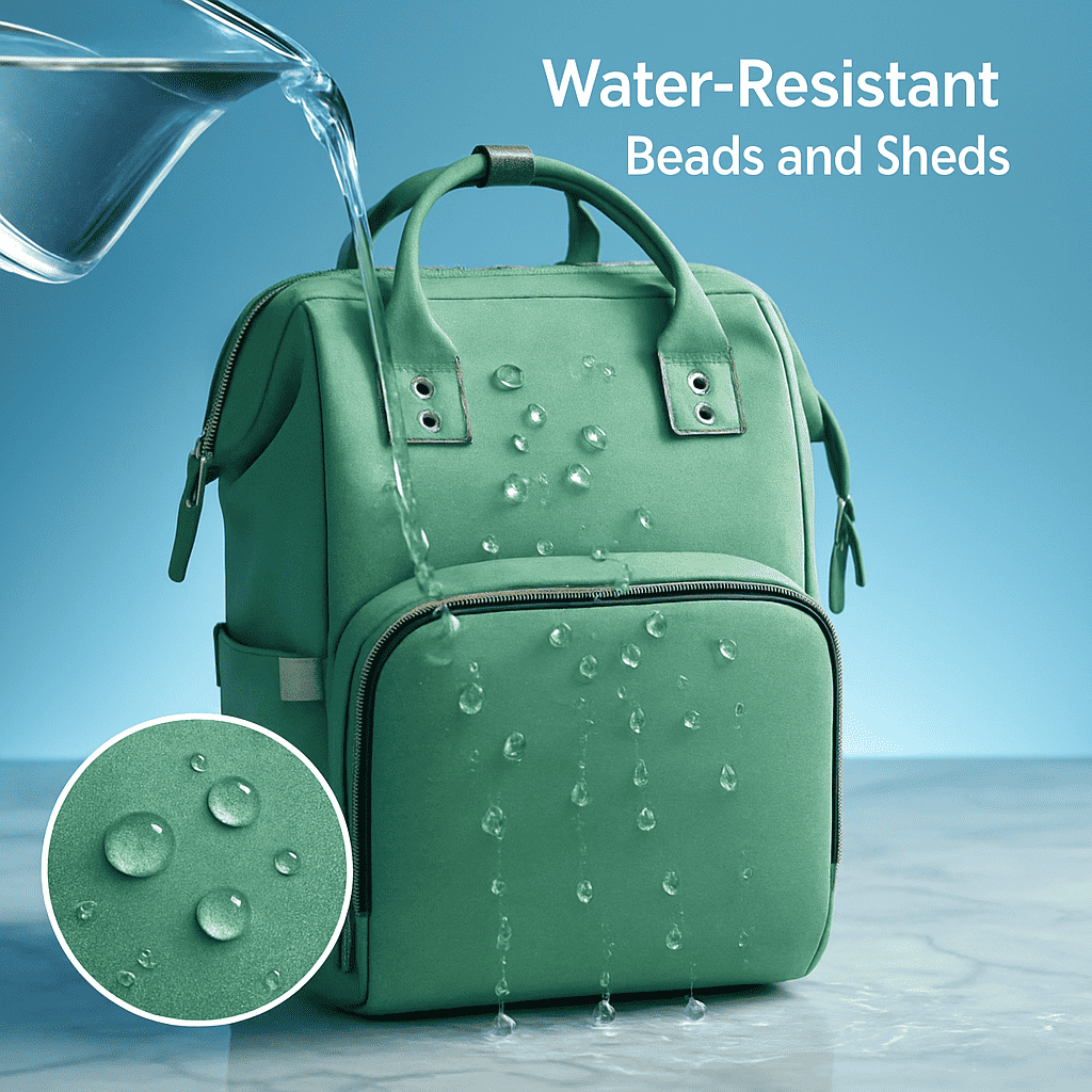 Green diaper bag backpack with water-resistant finish, water droplets on the front