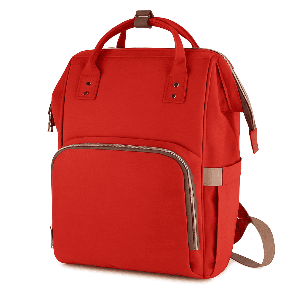 Red diaper bag backpack with top handle, front zip pocket, and side bottle holders