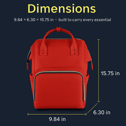 Red diaper bag backpack with front zip pocket and top handle, padded back panel