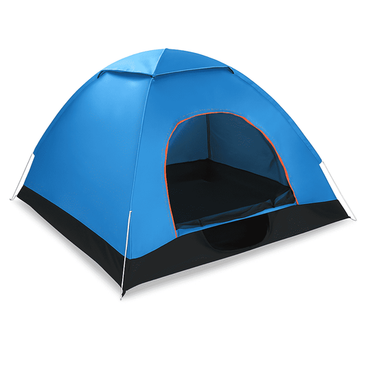 Blue pop-up camping tent with open front entrance and black floor