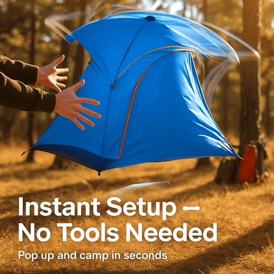 Blue pop-up camping tent with arched doorway, standing outdoors