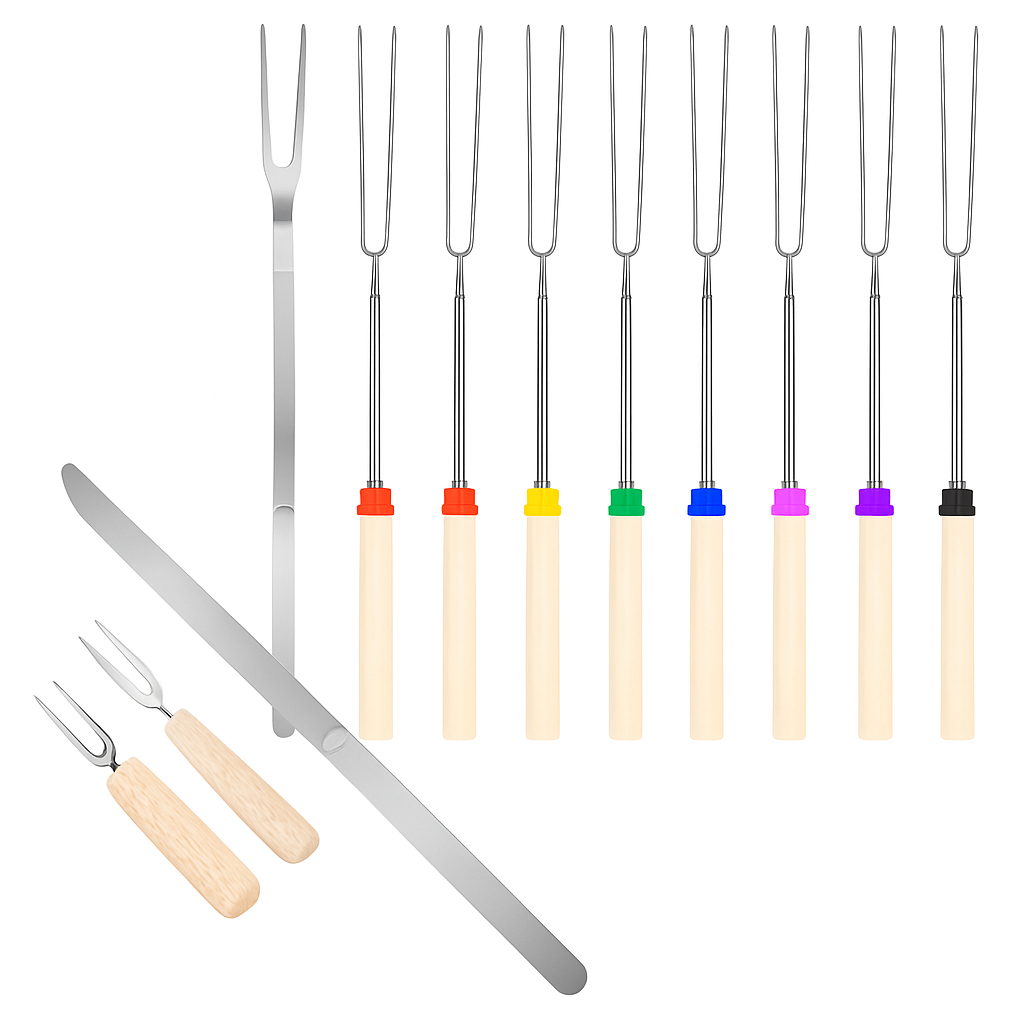 12-Piece Stainless Steel Roasting Sticks Set – Telescoping Skewers with Corn Needles, Fork & Knife | Campfire & BBQ