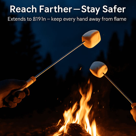 Extended stainless roasting skewer with fork end and orange-ring wooden handle over fire