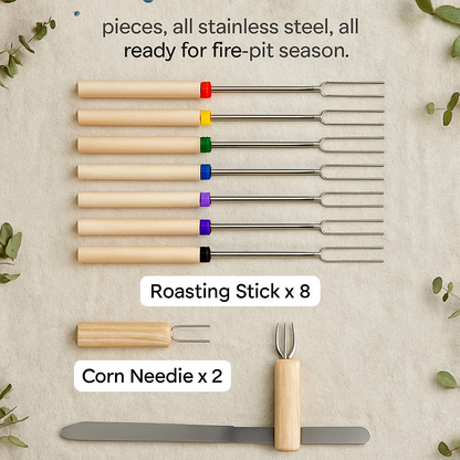 12-Piece Stainless Steel Roasting Sticks Set – Telescoping Skewers with Corn Needles, Fork & Knife | Campfire & BBQ