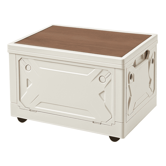 White collapsible storage bin with brown cutting board lid and four side doors