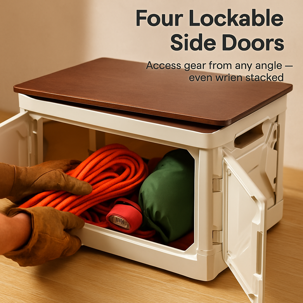 Collapsible Storage Bin with Wheels, Cutting Board Lid & 4 Lockable Doors – 39L