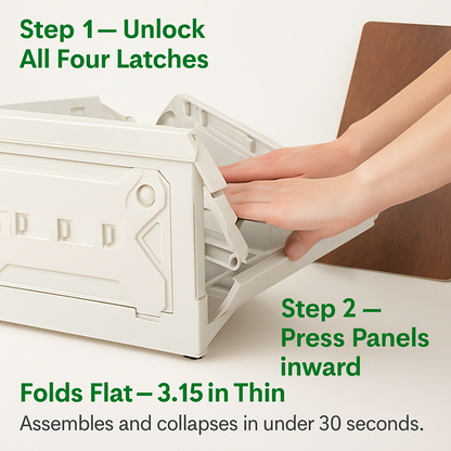 Collapsible Storage Bin with Wheels, Cutting Board Lid & 4 Lockable Doors – 39L