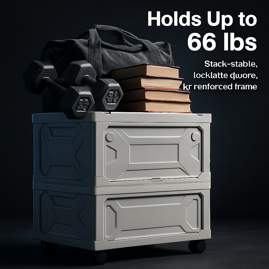 Collapsible Storage Bin with Wheels, Cutting Board Lid & 4 Lockable Doors – 39L