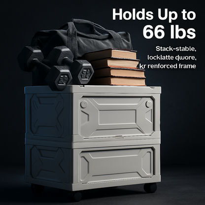 Collapsible Storage Bin with Wheels, Cutting Board Lid & 4 Lockable Doors – 39L