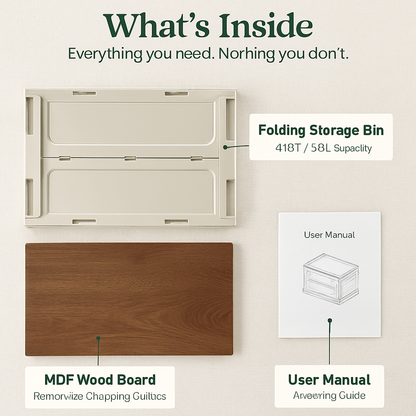 Collapsible Storage Bin with Wheels, Cutting Board Lid & 4 Lockable Doors – 39L