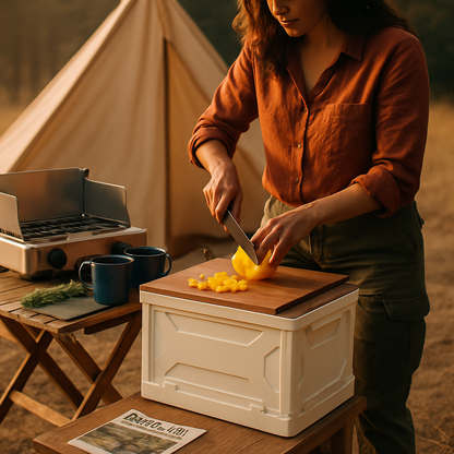 Collapsible Storage Bin with Wheels, Cutting Board Lid & 4 Lockable Doors – 39L