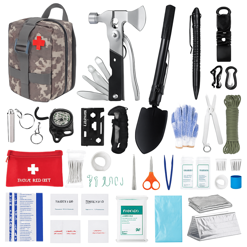 125-Piece Survival Kit with 100-Piece First Aid Set – Camping, Hiking & Emergency Preparedness | Water-Resistant Pouch