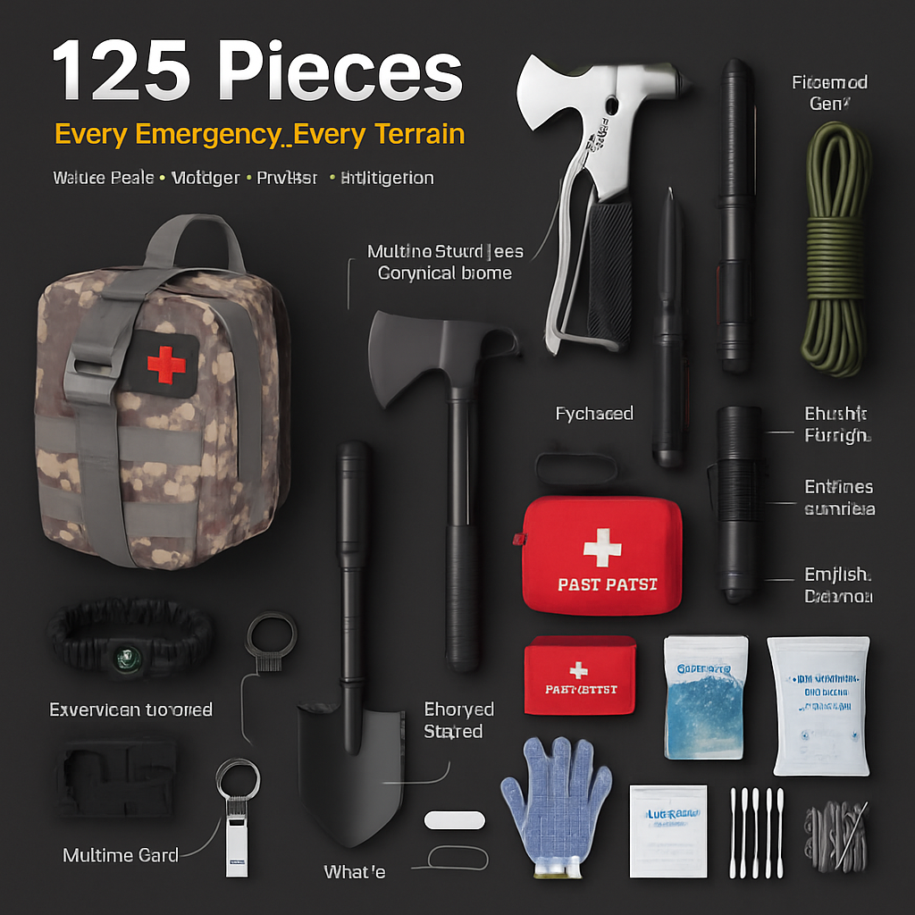 125-Piece Survival Kit with 100-Piece First Aid Set – Camping, Hiking & Emergency Preparedness | Water-Resistant Pouch