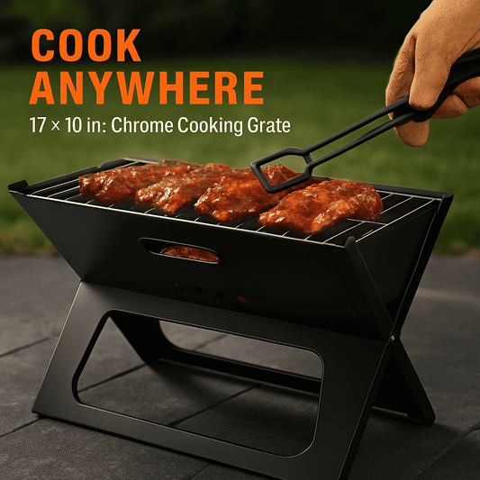 Foldable charcoal BBQ grill with chrome cooking grate, food on top, black