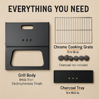 Portable Foldable Charcoal BBQ Grill | 170 sq in | Heat to 572°F | Folds Flat | Camping & Outdoor