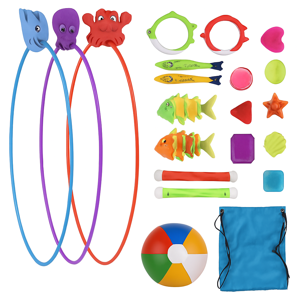 24-Piece Kids Diving Pool Toys Set | Dive Sticks, Rings & Torpedoes | Storage Bag | Ages 3+