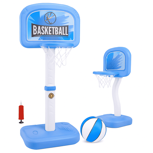 Blue 2-in-1 basketball game set with two hoops, white pole, and basketballs