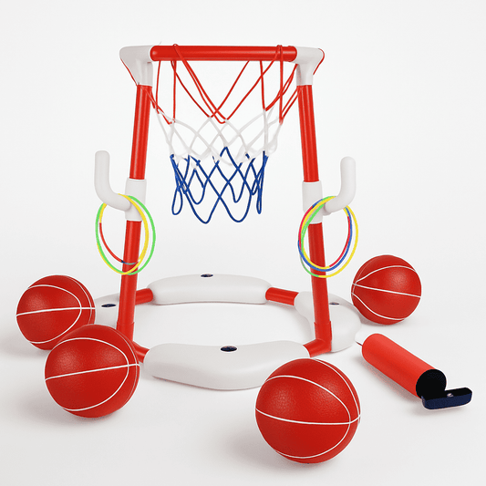 Red and white pool basketball hoop set with blue net, four red balls, and toss rings.