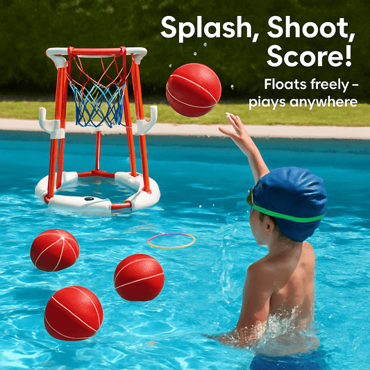 Red floating pool basketball hoop with blue net and several red balls in water.
