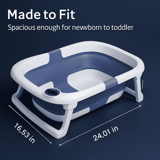 Foldable baby bathtub with thermometer, blue interior and white foldable legs