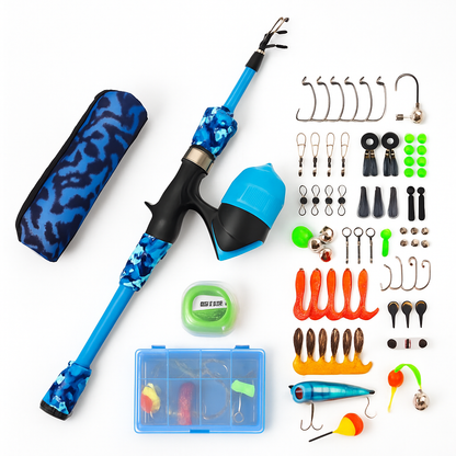 Kids Fishing Pole Set | Telescopic Rod & Spincast Reel | Travel Bag & Tackle Box | Ages 5+ | Blue or Pink
