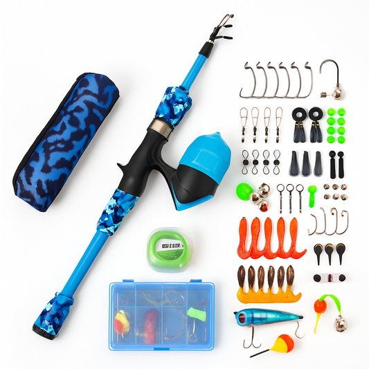 Kids Fishing Pole Set | Telescopic Rod & Spincast Reel | Travel Bag & Tackle Box | Ages 5+ | Blue or Pink