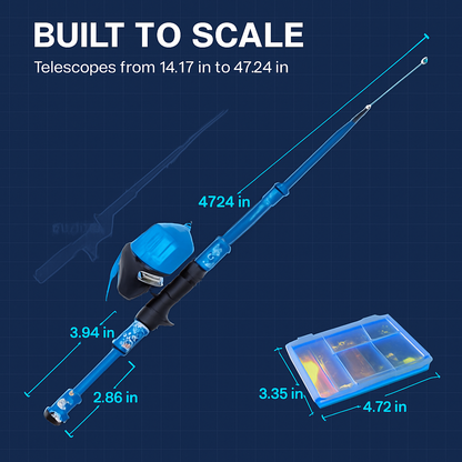 Kids Fishing Pole Set | Telescopic Rod & Spincast Reel | Travel Bag & Tackle Box | Ages 5+ | Blue or Pink