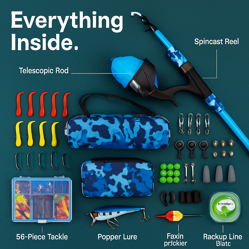 Kids Fishing Pole Set | Telescopic Rod & Spincast Reel | Travel Bag & Tackle Box | Ages 5+ | Blue or Pink