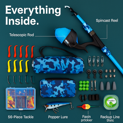 Kids Fishing Pole Set | Telescopic Rod & Spincast Reel | Travel Bag & Tackle Box | Ages 5+ | Blue or Pink