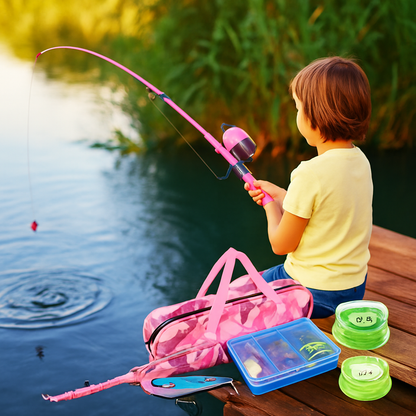 Kids Fishing Pole Set | Telescopic Rod & Spincast Reel | Travel Bag & Tackle Box | Ages 5+ | Blue or Pink