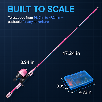 Kids Fishing Pole Set | Telescopic Rod & Spincast Reel | Travel Bag & Tackle Box | Ages 5+ | Blue or Pink