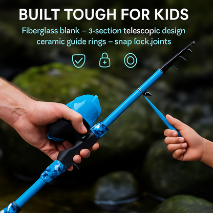 Kids Fishing Pole Set | Telescopic Rod & Spincast Reel | Travel Bag & Tackle Box | Ages 5+ | Blue or Pink