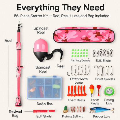 Kids Fishing Pole Set | Telescopic Rod & Spincast Reel | Travel Bag & Tackle Box | Ages 5+ | Blue or Pink